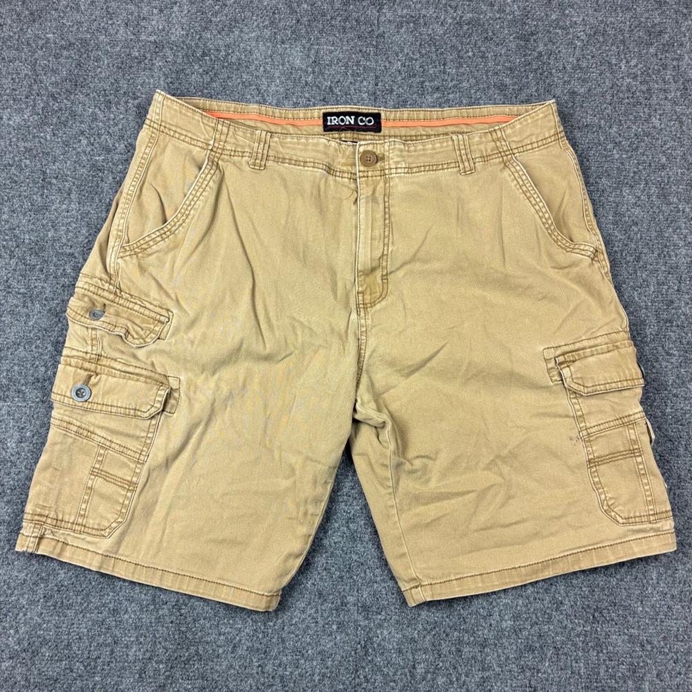 Iron Co Mens Cargo Shorts Size 38 Khaki Tan Cotton Utility Multi Pocket Casual